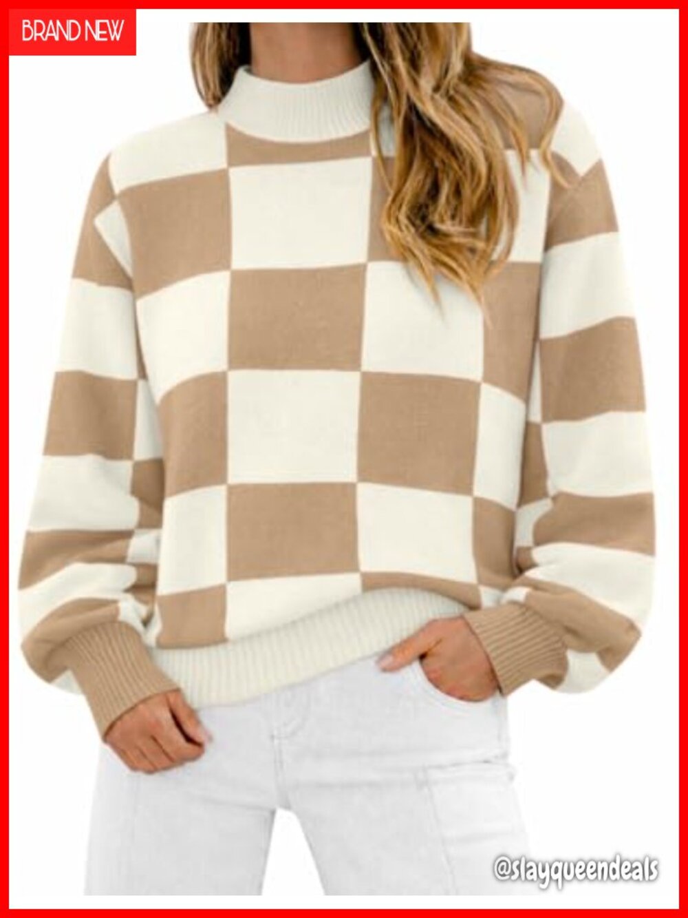 Womens Turtleneck Sweater Plaid Ribbed Knit Loose Pullover Long Sleeve